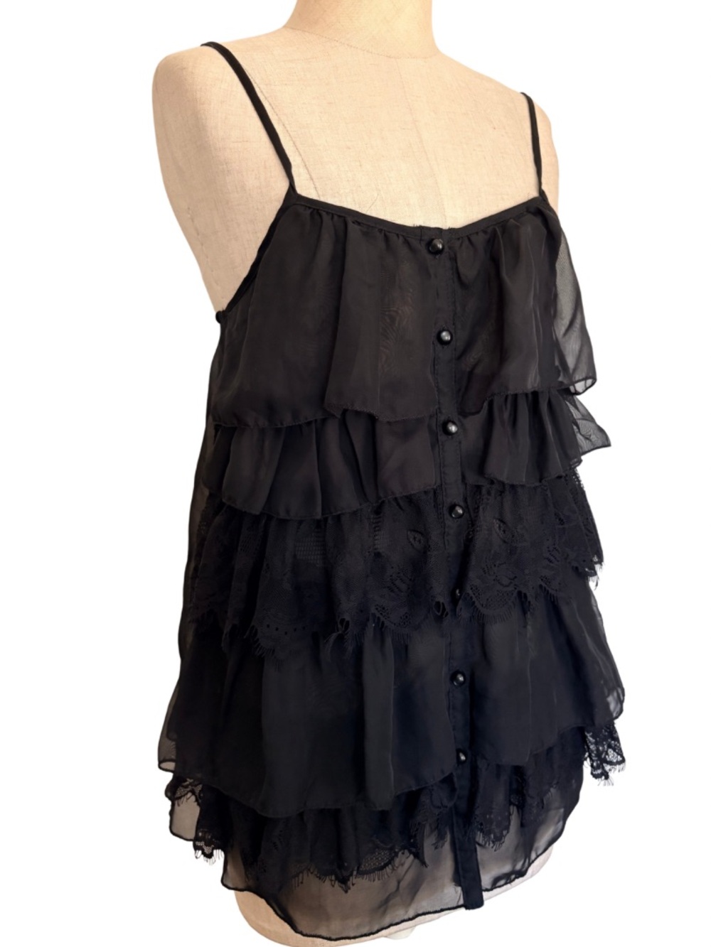 VTG Y2K Black Ruffle Chiffon Lace Sheer Baby Doll Spaghetti Top button-up front